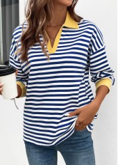 Striped Patchwork Navy Long Sleeve T Shirt