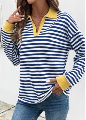 Striped Patchwork Navy Long Sleeve T Shirt