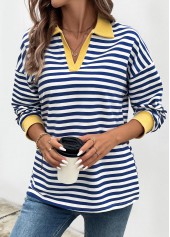 Striped Patchwork Navy Long Sleeve T Shirt