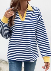 Striped Patchwork Navy Long Sleeve T Shirt