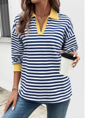 Striped Patchwork Navy Long Sleeve T Shirt
