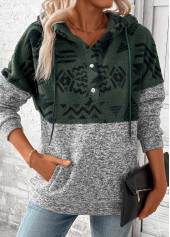 Tribal Print Patchwork Grey Long Sleeve Hoodie
