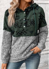 Tribal Print Patchwork Grey Long Sleeve Hoodie