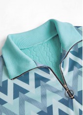 Geometric Print Zipper Mint Green Long Sleeve Sweatshirt