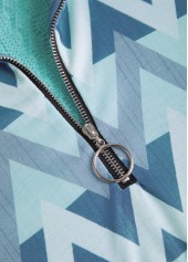 Geometric Print Zipper Mint Green Long Sleeve Sweatshirt