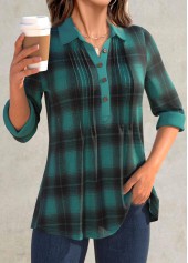 Plaid Button Turquoise Long Sleeve Shirt