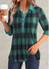 Plaid Button Turquoise Long Sleeve Shirt