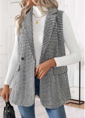 Geometric Print Button Black Sleeveless Turn Down Collar Waistcoat