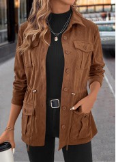 Drawstring Dark Coffee Long Sleeve Shirt Collar Coat