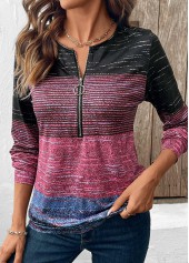 Multi Stripe Print Zipper Long Sleeve Round Neck Sweatshirt