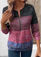 Multi Stripe Print Zipper Long Sleeve Round Neck Sweatshirt