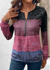 Multi Stripe Print Zipper Long Sleeve Round Neck Sweatshirt