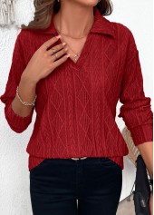 Lace Wine Red Long Sleeve Turn Down Collar Blouse