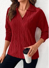 Lace Wine Red Long Sleeve Turn Down Collar Blouse
