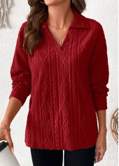 Lace Wine Red Long Sleeve Turn Down Collar Blouse