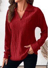 Lace Wine Red Long Sleeve Turn Down Collar Blouse