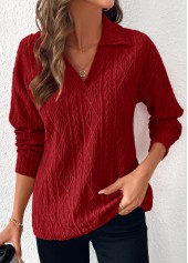 Lace Wine Red Long Sleeve Turn Down Collar Blouse