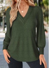 Plus Size Olive Green Patchwork Long Sleeve T Shirt