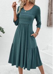 Zipper Turquoise 3/4 Sleeve Round Neck Dress