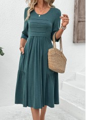 Zipper Turquoise 3/4 Sleeve Round Neck Dress