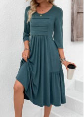Zipper Turquoise 3/4 Sleeve Round Neck Dress