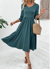 Zipper Turquoise 3/4 Sleeve Round Neck Dress