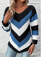 Patchwork Blue Long Sleeve V Neck Sweater