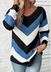 Patchwork Blue Long Sleeve V Neck Sweater
