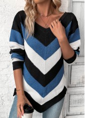 Patchwork Blue Long Sleeve V Neck Sweater