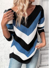 Patchwork Blue Long Sleeve V Neck Sweater