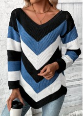 Patchwork Blue Long Sleeve V Neck Sweater