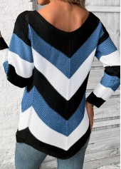 Patchwork Blue Long Sleeve V Neck Sweater