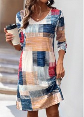 Geometric Print Multi Color A Line Long Sleeve Dress