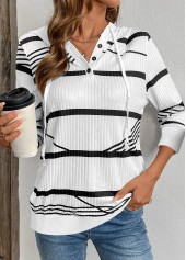Striped Drawstring White Long Sleeve Hoodie