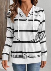Striped Drawstring White Long Sleeve Hoodie