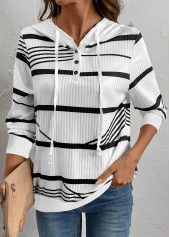 Striped Drawstring White Long Sleeve Hoodie