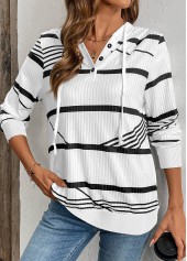 Striped Drawstring White Long Sleeve Hoodie