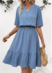 Polka Dot Dusty Blue Short Sleeve Split Neck Dress