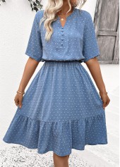 Polka Dot Dusty Blue Short Sleeve Split Neck Dress