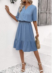 Polka Dot Dusty Blue Short Sleeve Split Neck Dress