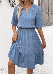 Polka Dot Dusty Blue Short Sleeve Split Neck Dress