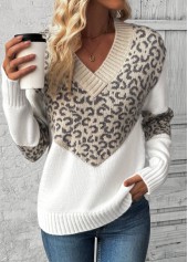 Leopard Patchwork Light Camel Long Sleeve V Neck Sweater
