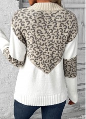Leopard Patchwork Light Camel Long Sleeve V Neck Sweater