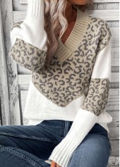 Leopard Patchwork Light Camel Long Sleeve V Neck Sweater