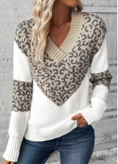 Leopard Patchwork Light Camel Long Sleeve V Neck Sweater