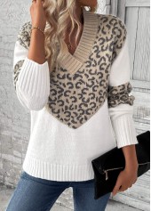 Leopard Patchwork Light Camel Long Sleeve V Neck Sweater