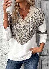 Leopard Patchwork Light Camel Long Sleeve V Neck Sweater