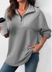 Tummy Coverage Grey Long Sleeve Turn Down Collar Sweatshirt