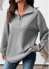 Tummy Coverage Grey Long Sleeve Turn Down Collar Sweatshirt