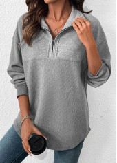 Tummy Coverage Grey Long Sleeve Turn Down Collar Sweatshirt